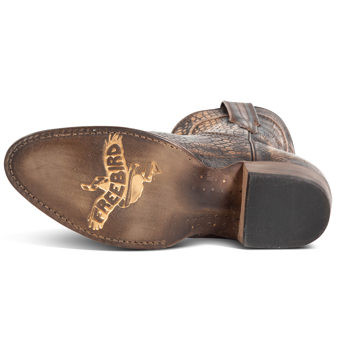 Leather sole imprinted with FREEBIRD on women's Zamora bronze multi bootie