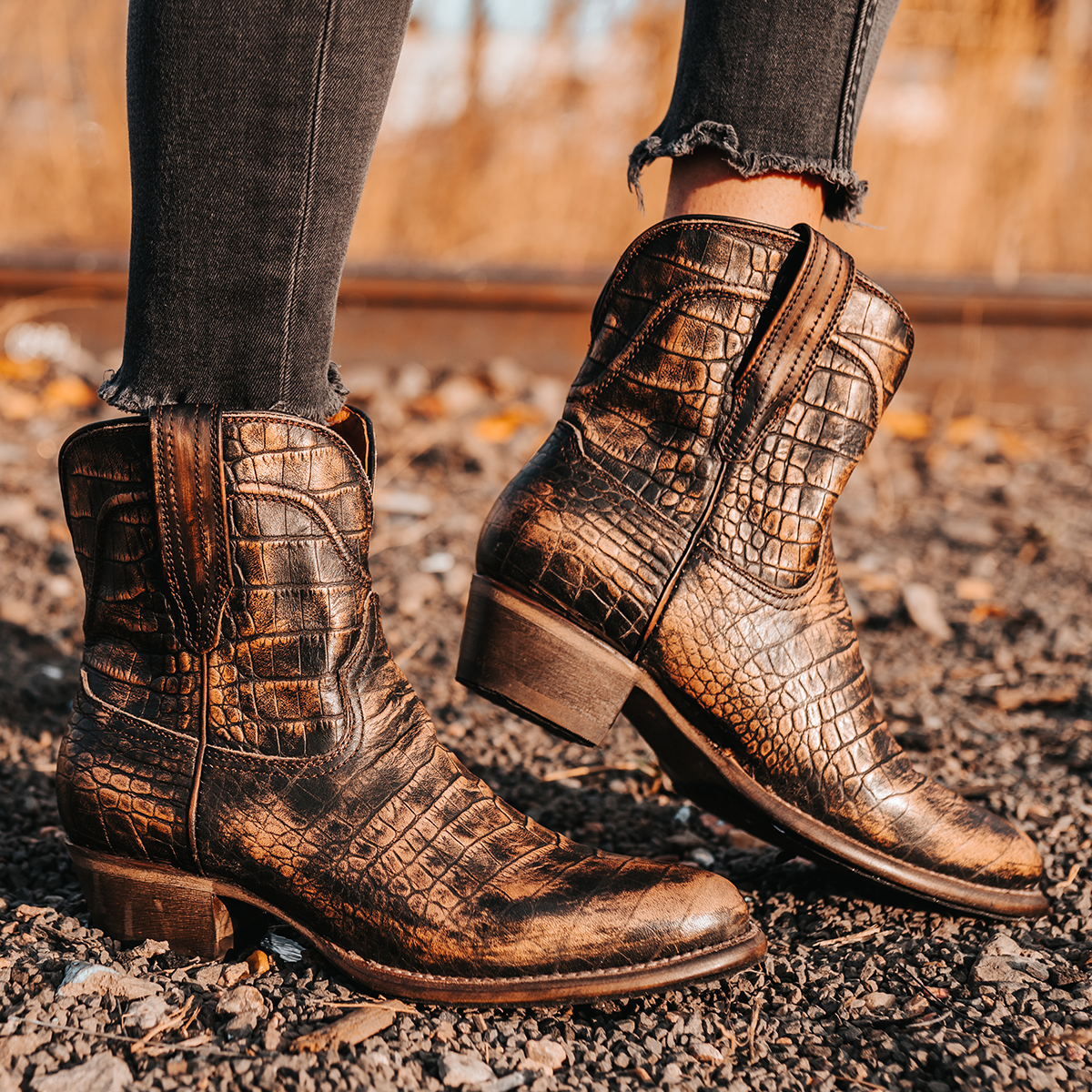 FREEBIRD women's Zamora bronze multi bootie with scallop detailing and pointed toe construction
