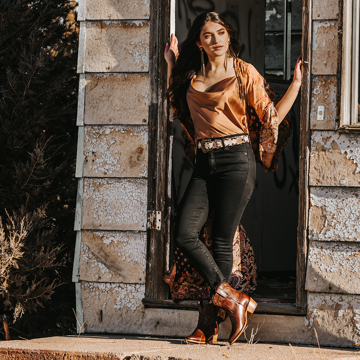 FREEBIRD women's Zamora cognac leather bootie with scallop detailing and pointed toe construction lifestyle