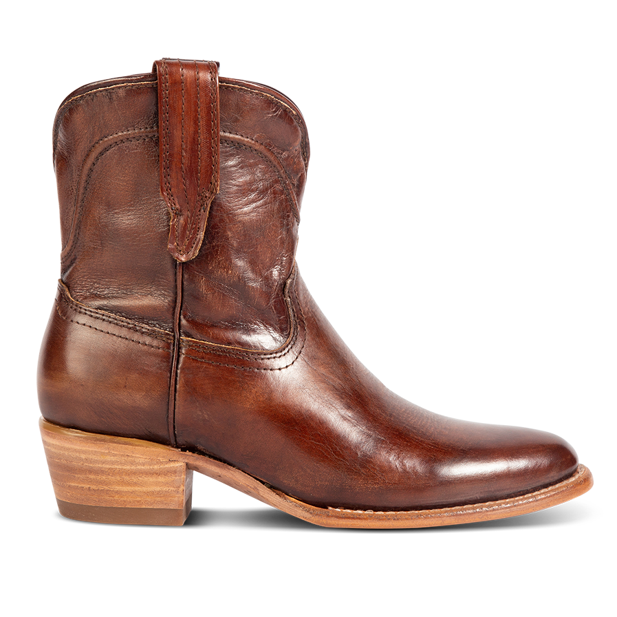 FREEBIRD women's Zamora cognac leather bootie with scallop detailing and pointed toe construction 