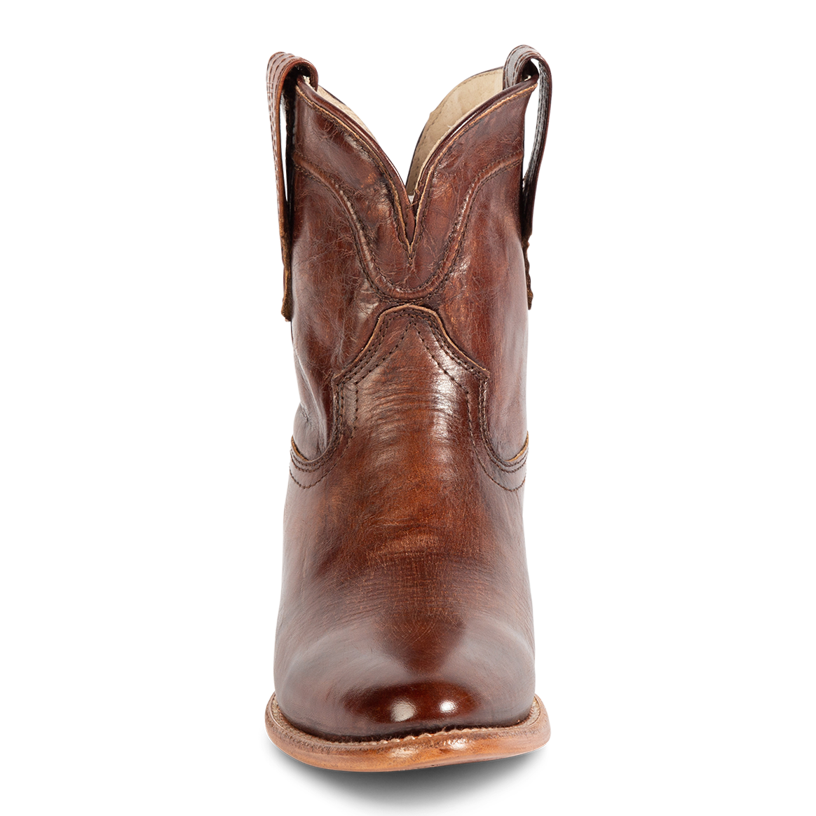 Front view showing scallop detailing FREEBIRD women's Zamora cognac leather bootie
