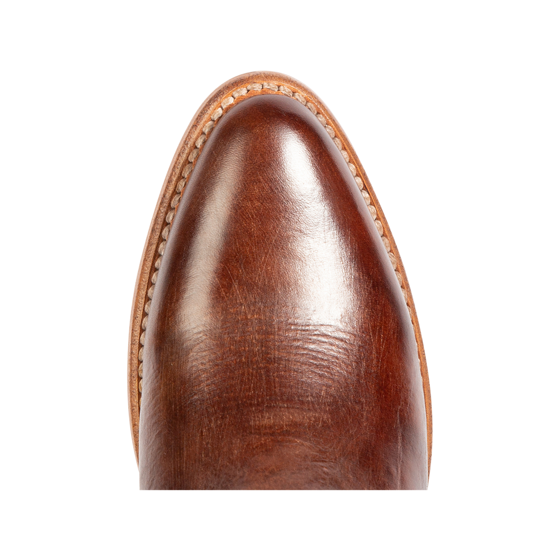 Top view showing pointed toe construction FREEBIRD women's Zamora cognac leather bootie