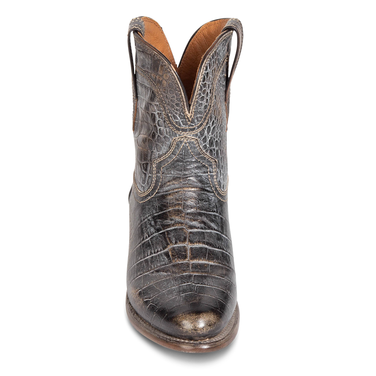 Front view showing scallop detailing FREEBIRD women's Zamora graphite multi bootie