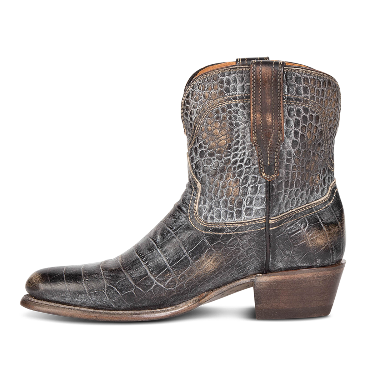Side view showing leather pull straps and scallop detailing on FREEBIRD women's Zamora graphite multi bootie