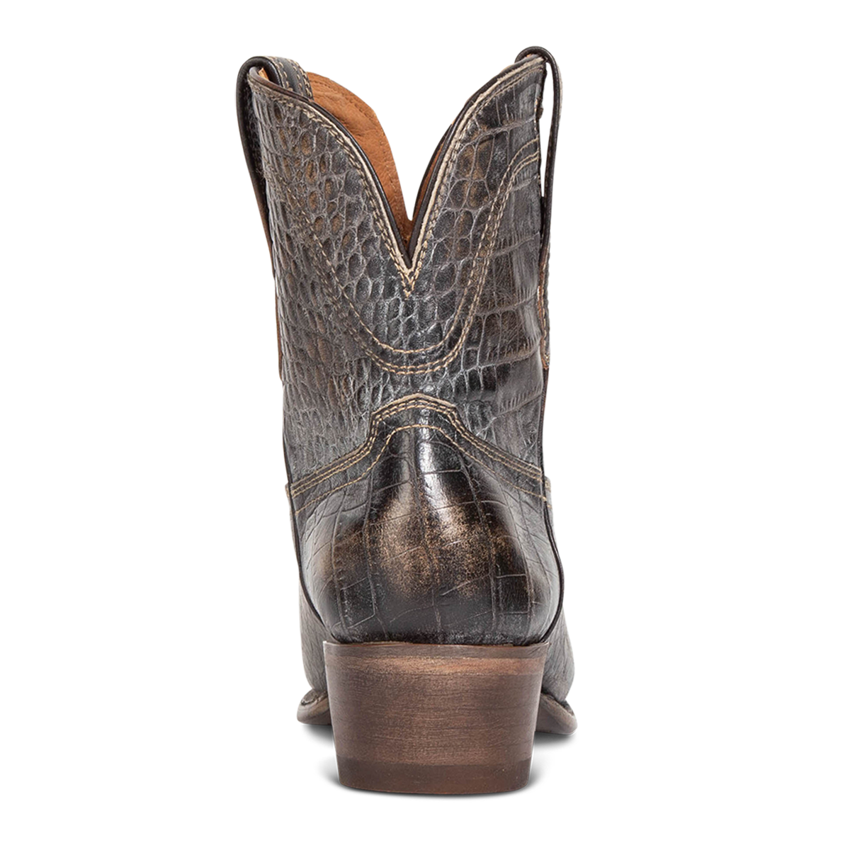 Back view showing back dip and leather heel with scallop stitch detailing on FREEBIRD women's Zamora graphite multi bootie