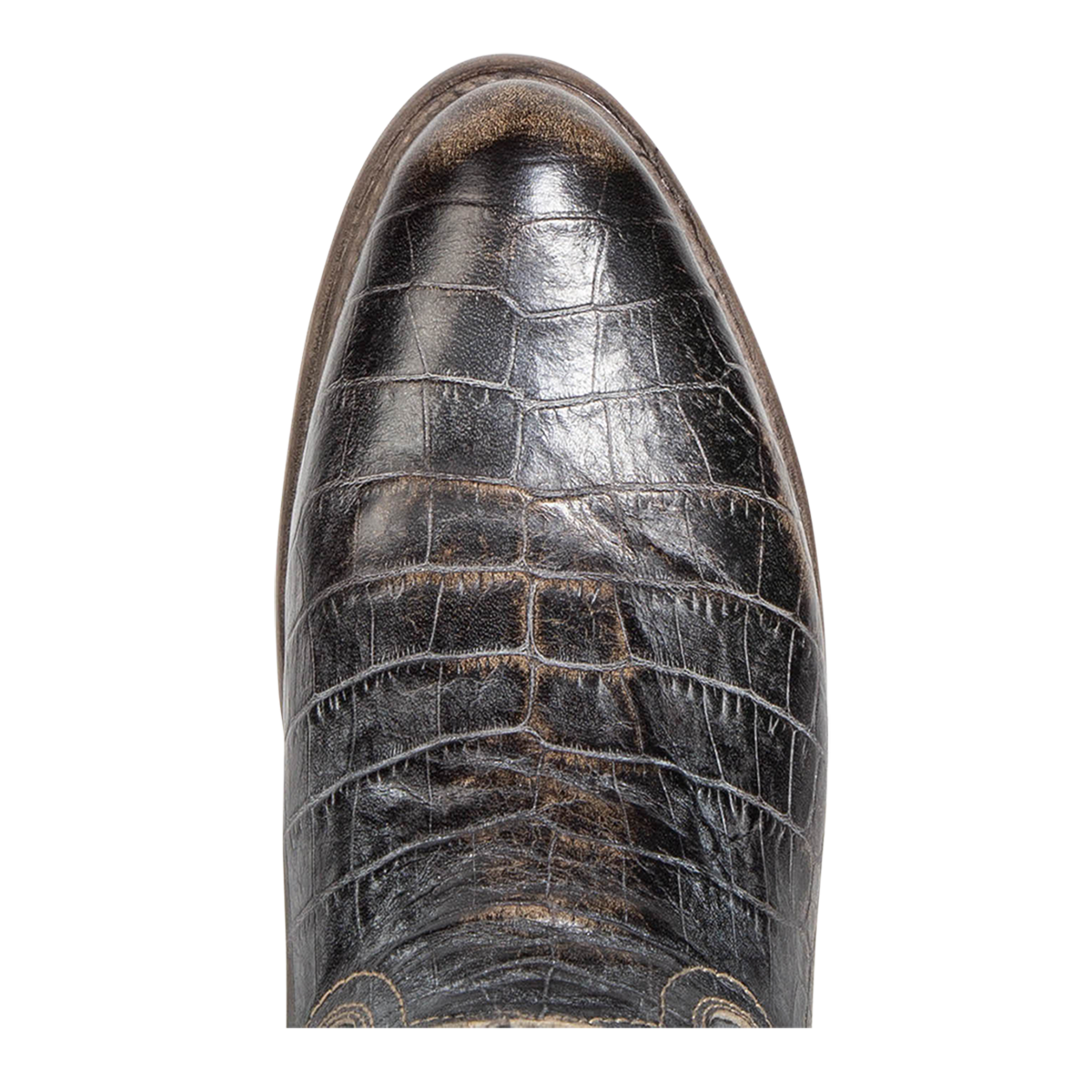 Top view showing pointed toe construction FREEBIRD women's Zamora graphite multi bootie