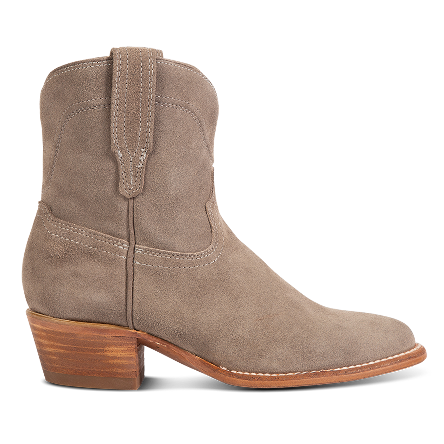 FREEBIRD women's Zamora grey suede bootie with scallop detailing and pointed toe construction 