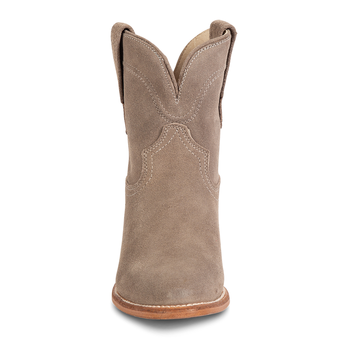 Front view showing scallop detailing FREEBIRD women's Zamora grey suede bootie