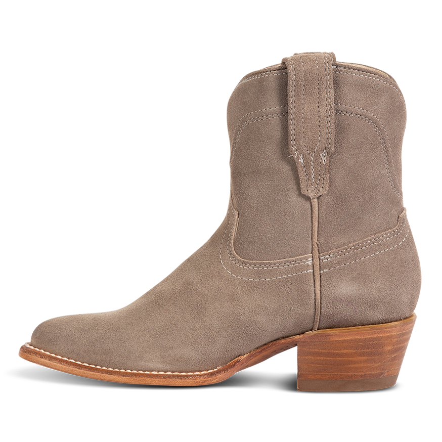 Side view showing leather pull straps and scallop detailing on FREEBIRD women's Zamora grey suede bootie