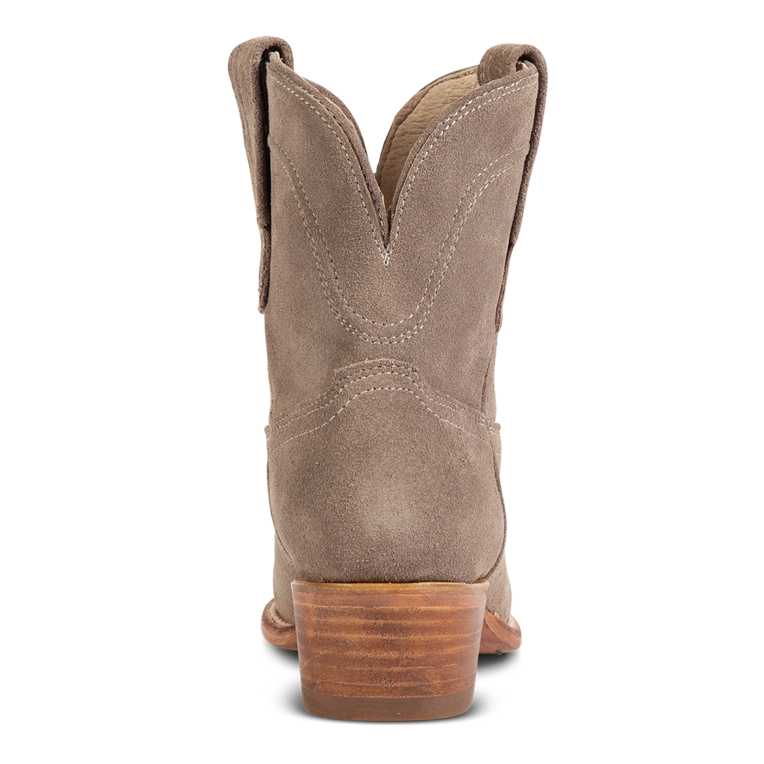 Back view showing back dip and leather heel with scallop stitch detailing on FREEBIRD women's Zamora grey suede bootie
