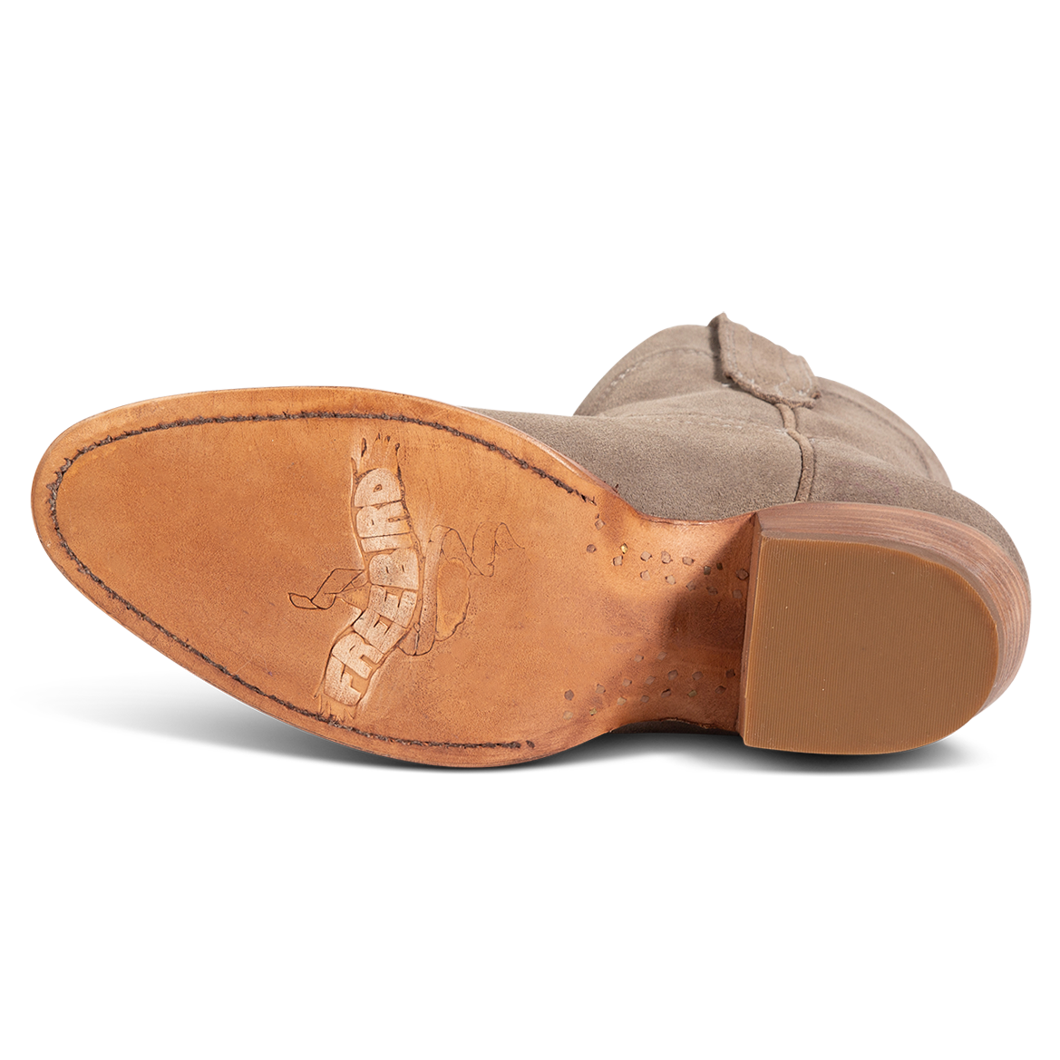 Leather sole imprinted with FREEBIRD on women's Zamora grey suede bootie