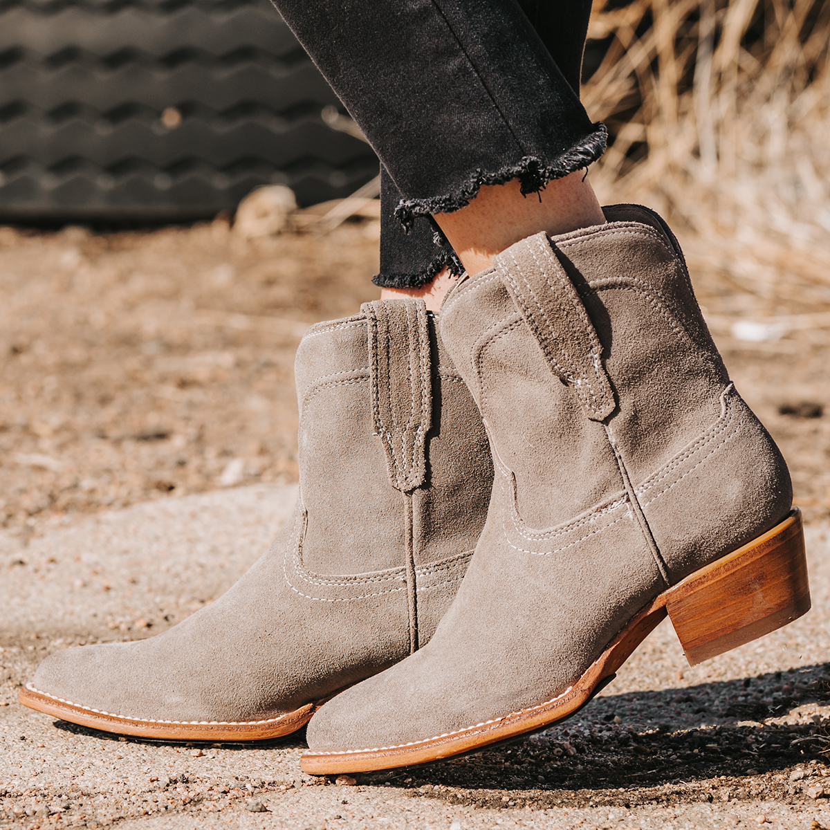 FREEBIRD women's Zamora grey suede bootie with scallop detailing and pointed toe construction
