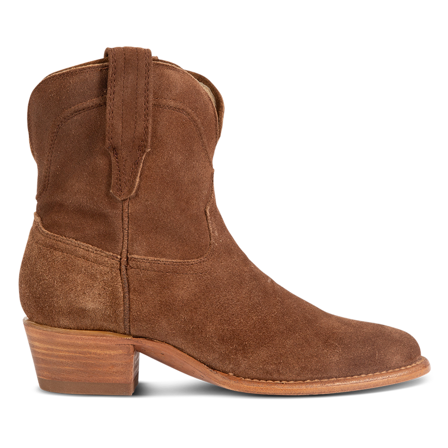 FREEBIRD women's Zamora tan suede bootie with scallop detailing and pointed toe construction 