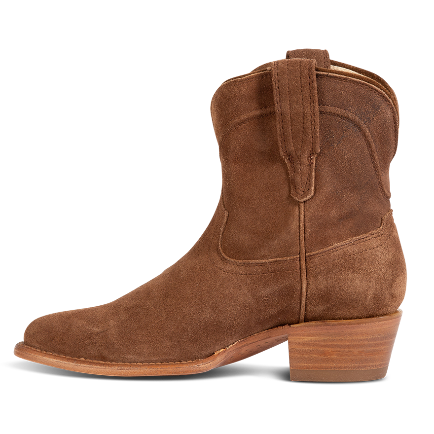 Side view showing leather pull straps and scallop detailing on FREEBIRD women's Zamora tan suede bootie