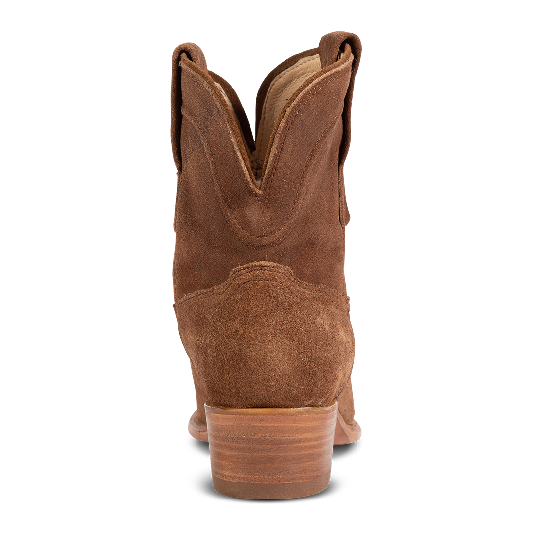 Back view showing back dip and leather heel with scallop stitch detailing on FREEBIRD women's Zamora tan suede bootie