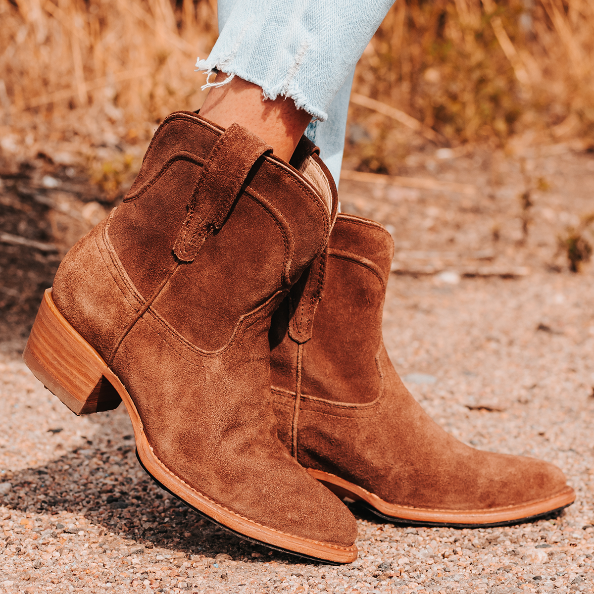 FREEBIRD women's Zamora tan suede bootie with scallop detailing and pointed toe construction