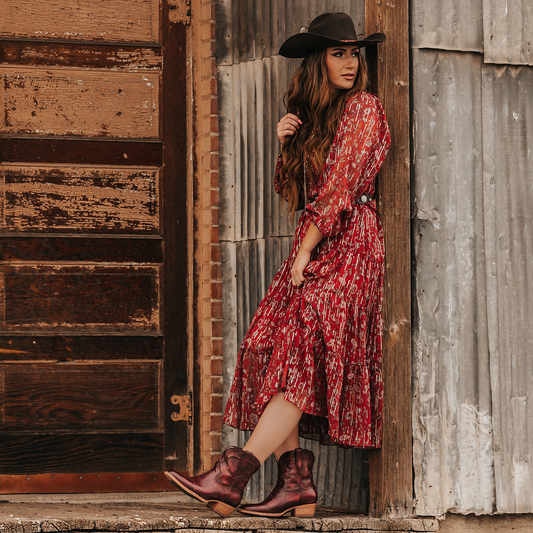 FREEBIRD women's Zamora wine leather bootie with scallop detailing and pointed toe construction lifestyle