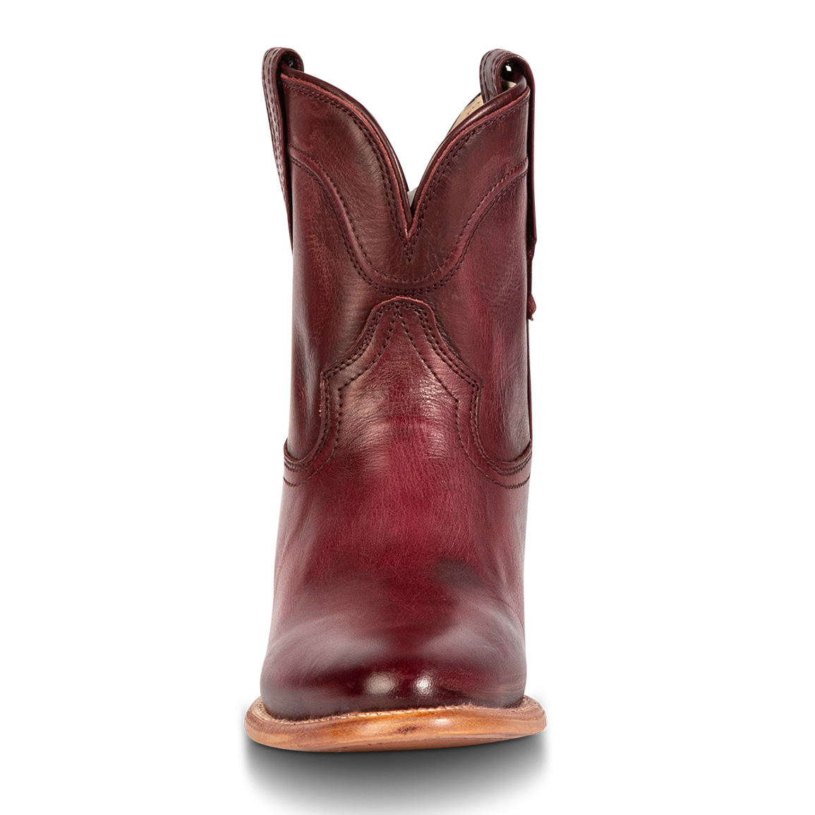 Front view showing scallop detailing FREEBIRD women's Zamora wine leather bootie
