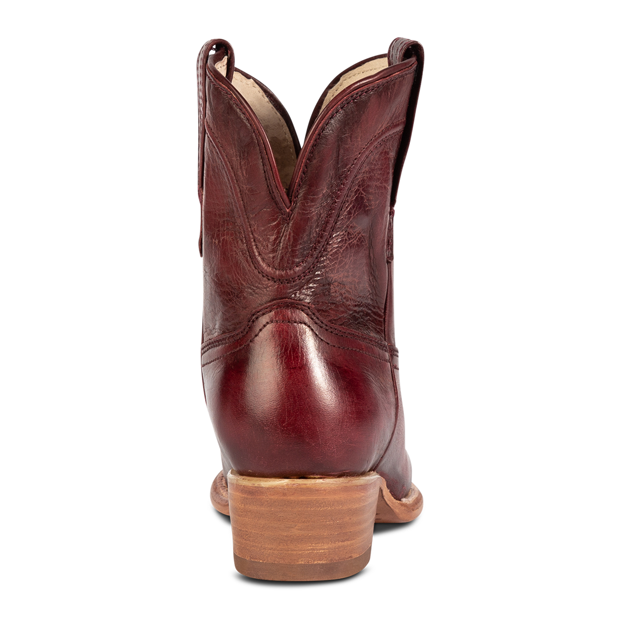Back view showing back dip and leather heel with scallop stitch detailing on FREEBIRD women's Zamora wine leather bootie