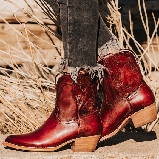 FREEBIRD women's Zamora wine leather bootie with scallop detailing and pointed toe construction 