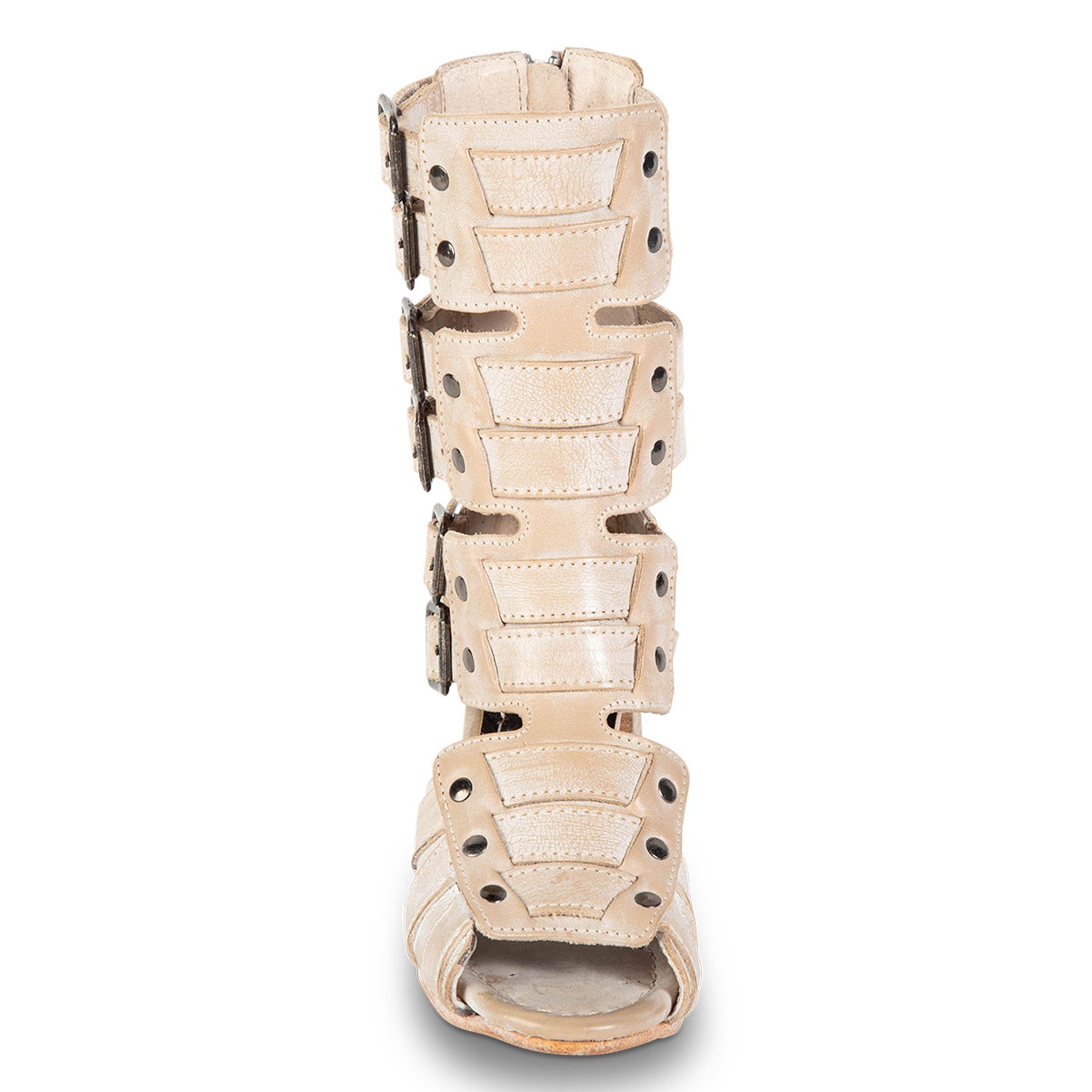 Front view showing FREEBIRD leather detailing front and stud detailing on women's Zane beige heeled sandal