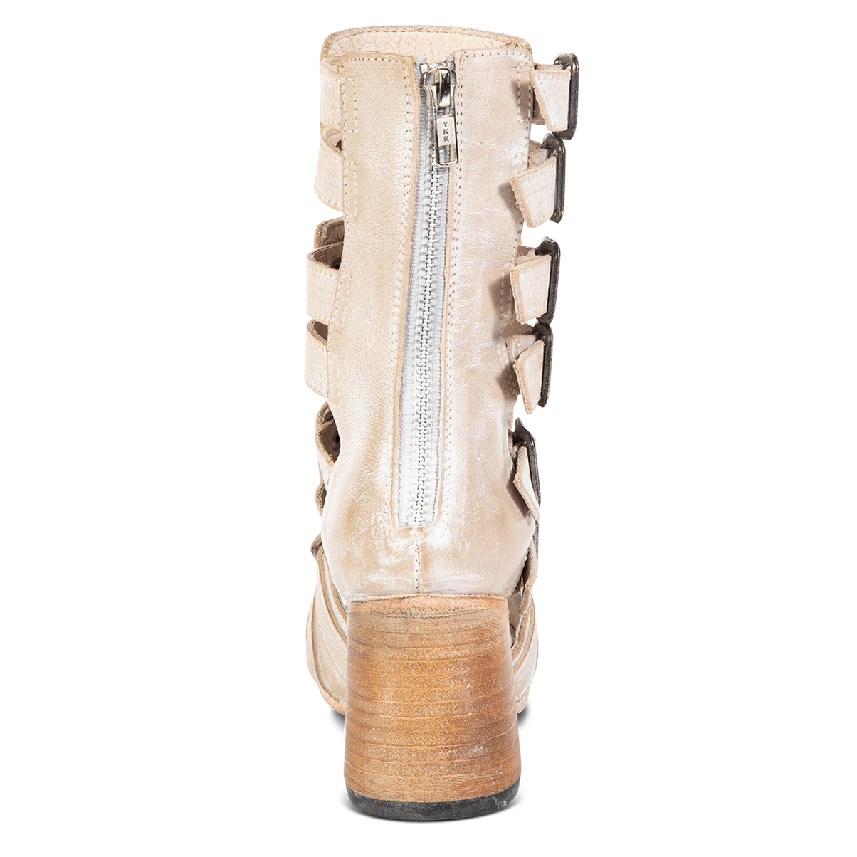 Back view showing back zip closure FREEBIRD on women's Zane beige heeled sandal