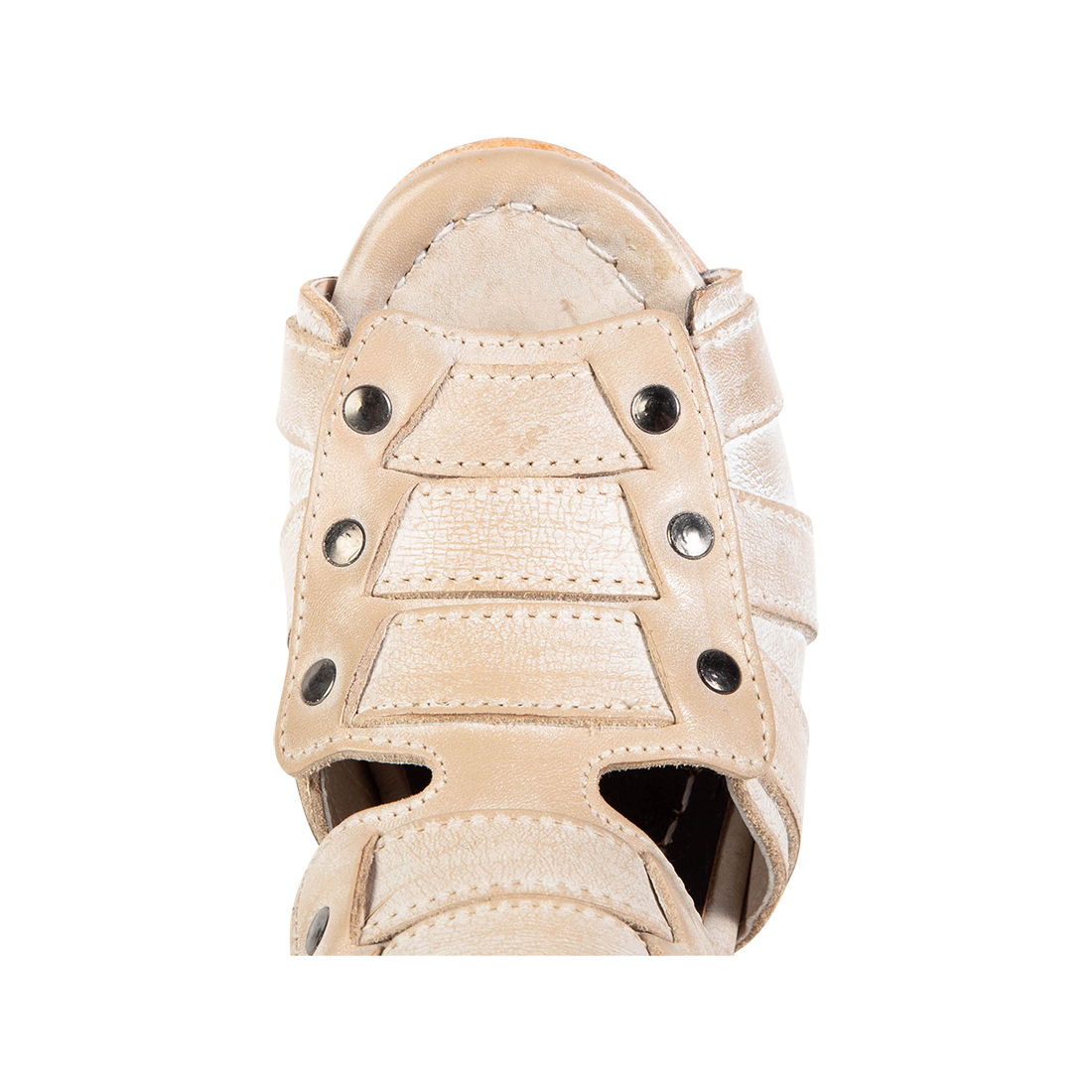 Top view showing leather and stud detailing FREEBIRD women's Zane beige heeled sandal