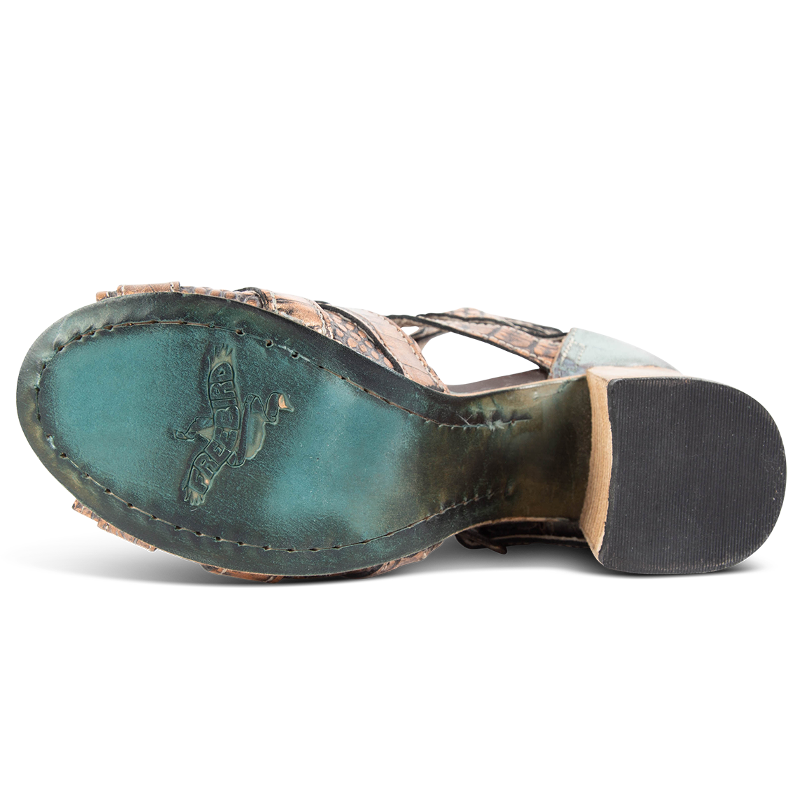 Leather sole on FREEBIRD women's Zane blush croco multi heeled sandal