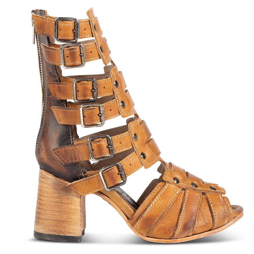 FREEBIRD women's Zane wheat multi strappy heeled sandal featuring adjustable buckles and stud detailing