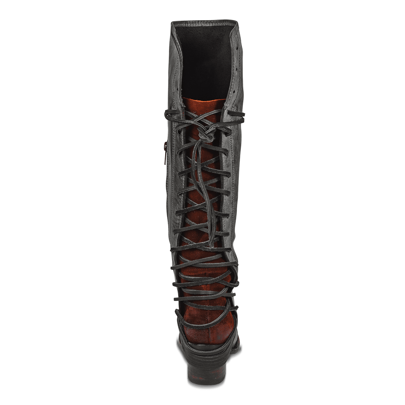 Back view showing expandable panel with adjustable leather lacing on FREEBIRD women's Coal black tall boot