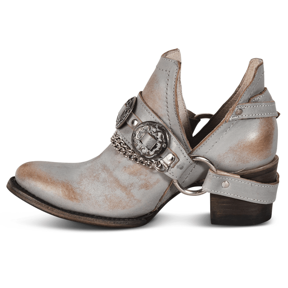 Inside view showing ankle cut-out and embellished leather strap on FREEBIRD women's Mystic smoke bootie