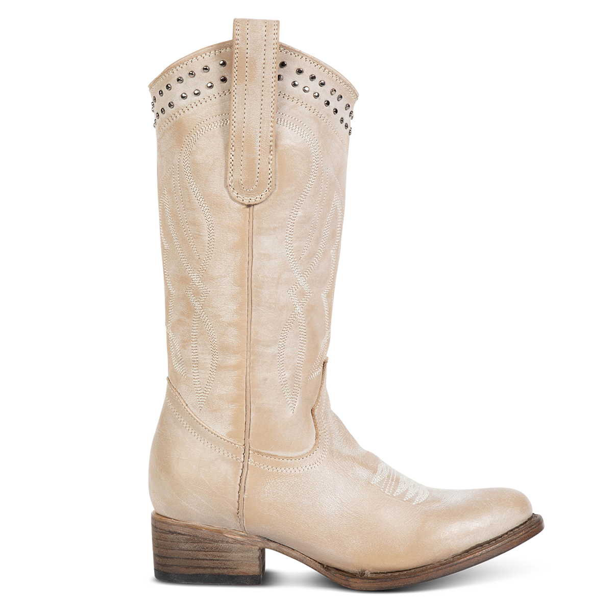 FREEBIRD women's Zion beige slim fit mid calf boot with stud detailing, almond-shaped toe, low heel, and pull on straps