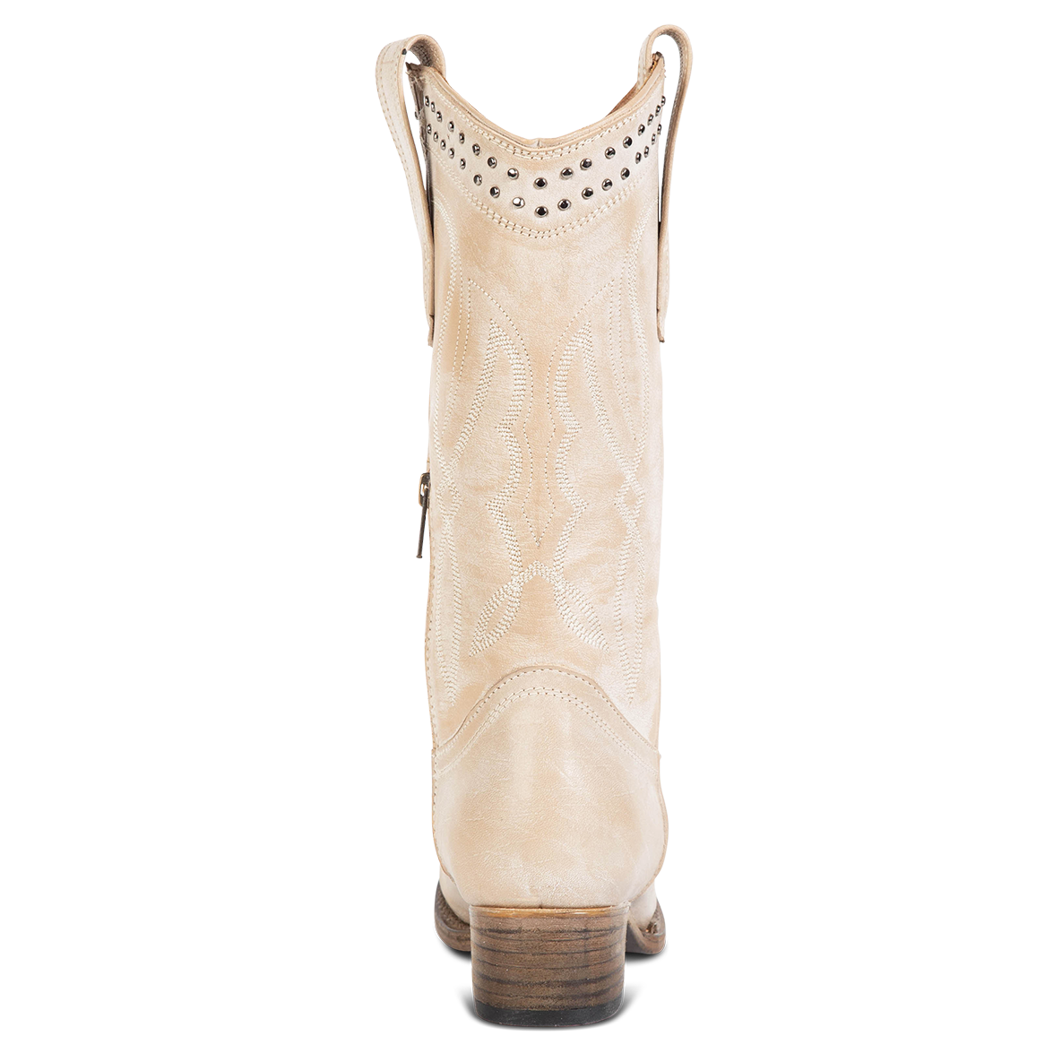 Back view showing slim-fit calf shaft construction and low-heel with stud and stitch detailing on FREEBIRD women's Zion beige western mid boot