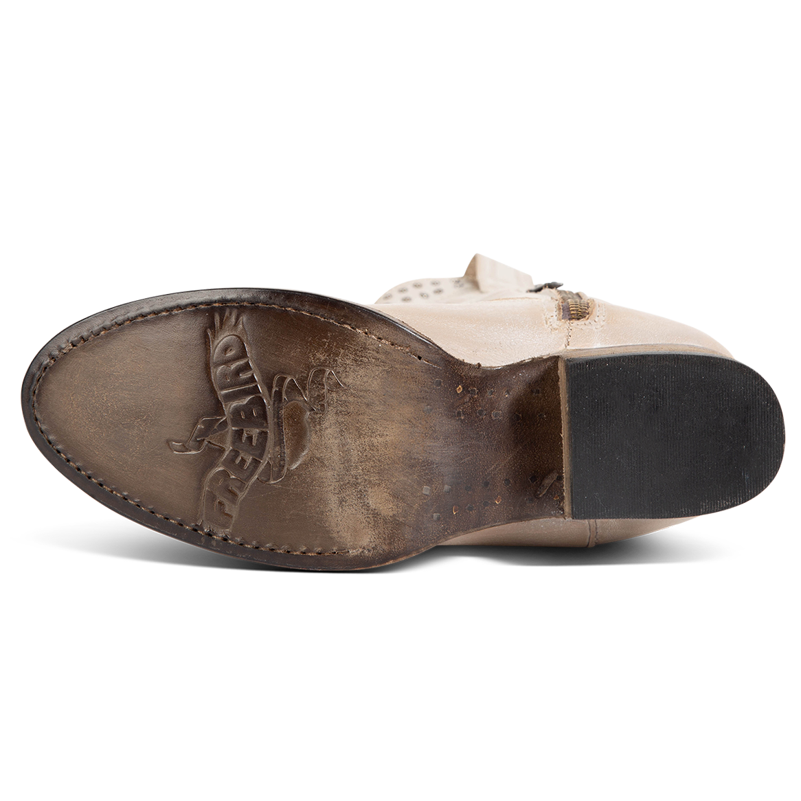 Leather sole imprinted with FREEBIRD on women's Zion beige western mid calf boot