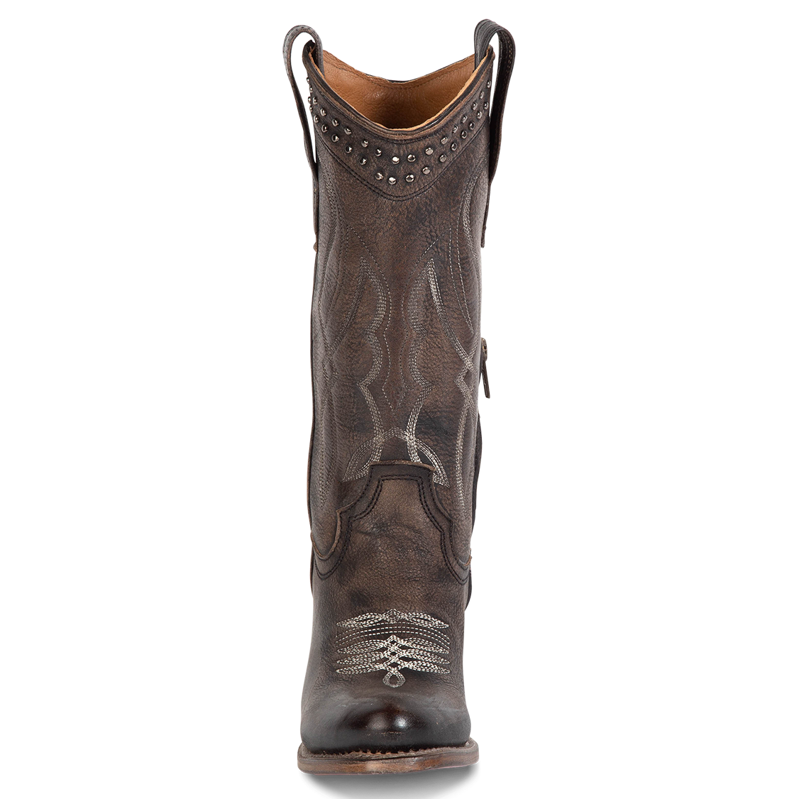 Front view showing slim-fit calf shaft construction with stud and stitch detailing on FREEBIRD women's Zion black western mid boot