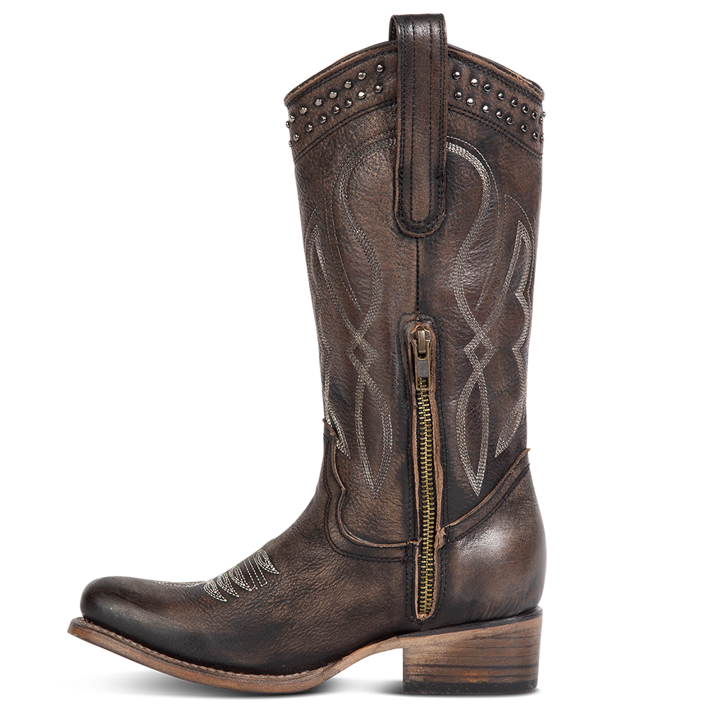 Inside view showing inside zipper and pill straps with stud and stitch detailing on FREEBIRD women's Zion black western mid boot