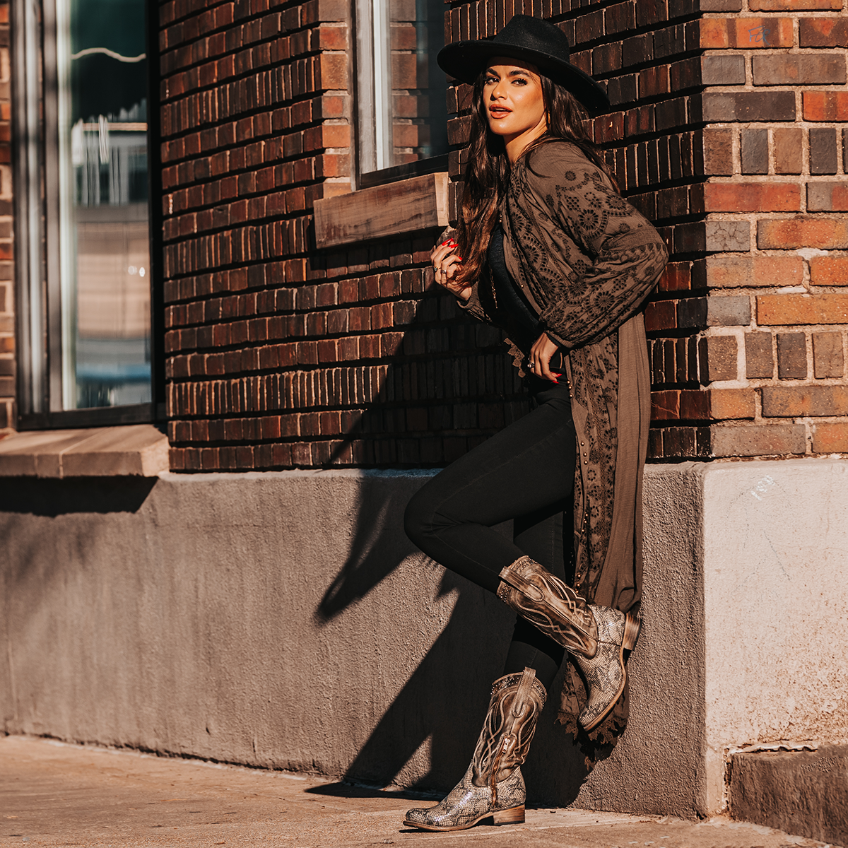 FREEBIRD women's Zion green multi slim fit mid calf boot with stud detailing, almond-shaped toe, low heel, and pull on straps lifestyle