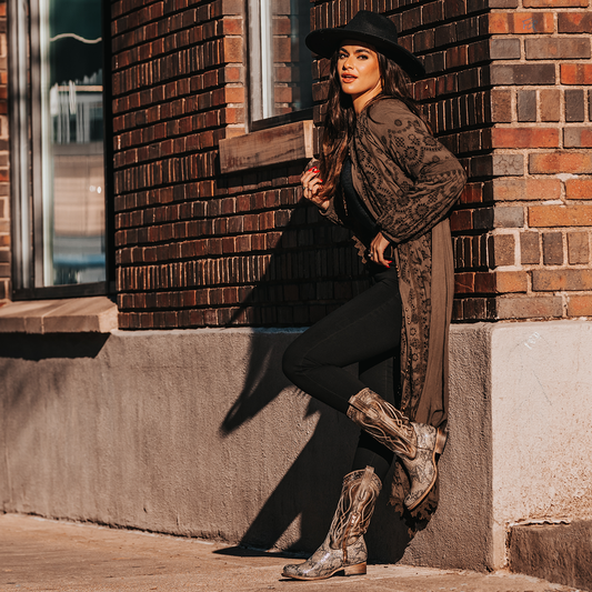 FREEBIRD women's Zion green multi slim fit mid calf boot with stud detailing, almond-shaped toe, low heel, and pull on straps lifestyle