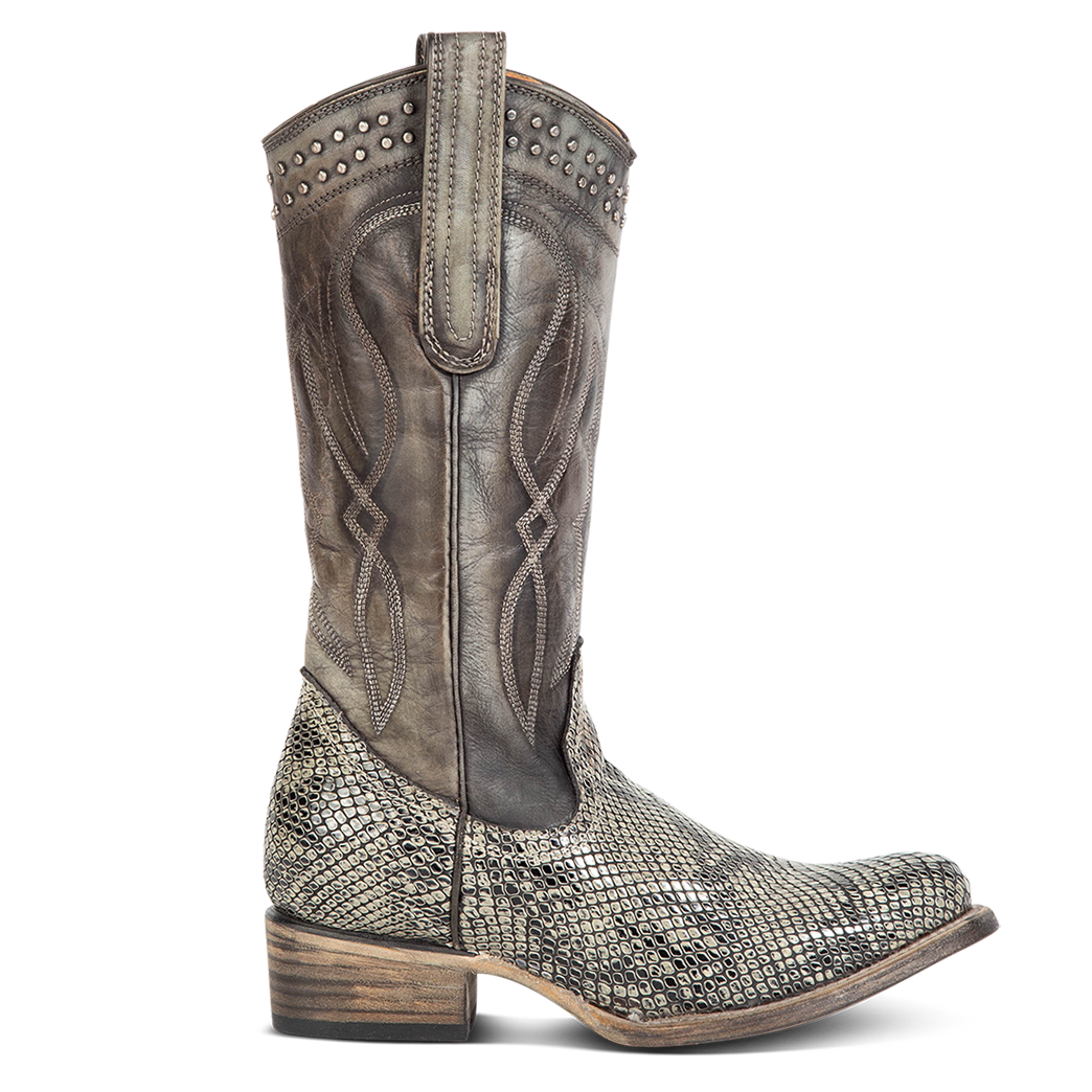 FREEBIRD women's Zion green multi slim fit mid calf boot with stud detailing, almond-shaped toe, low heel, and pull on straps