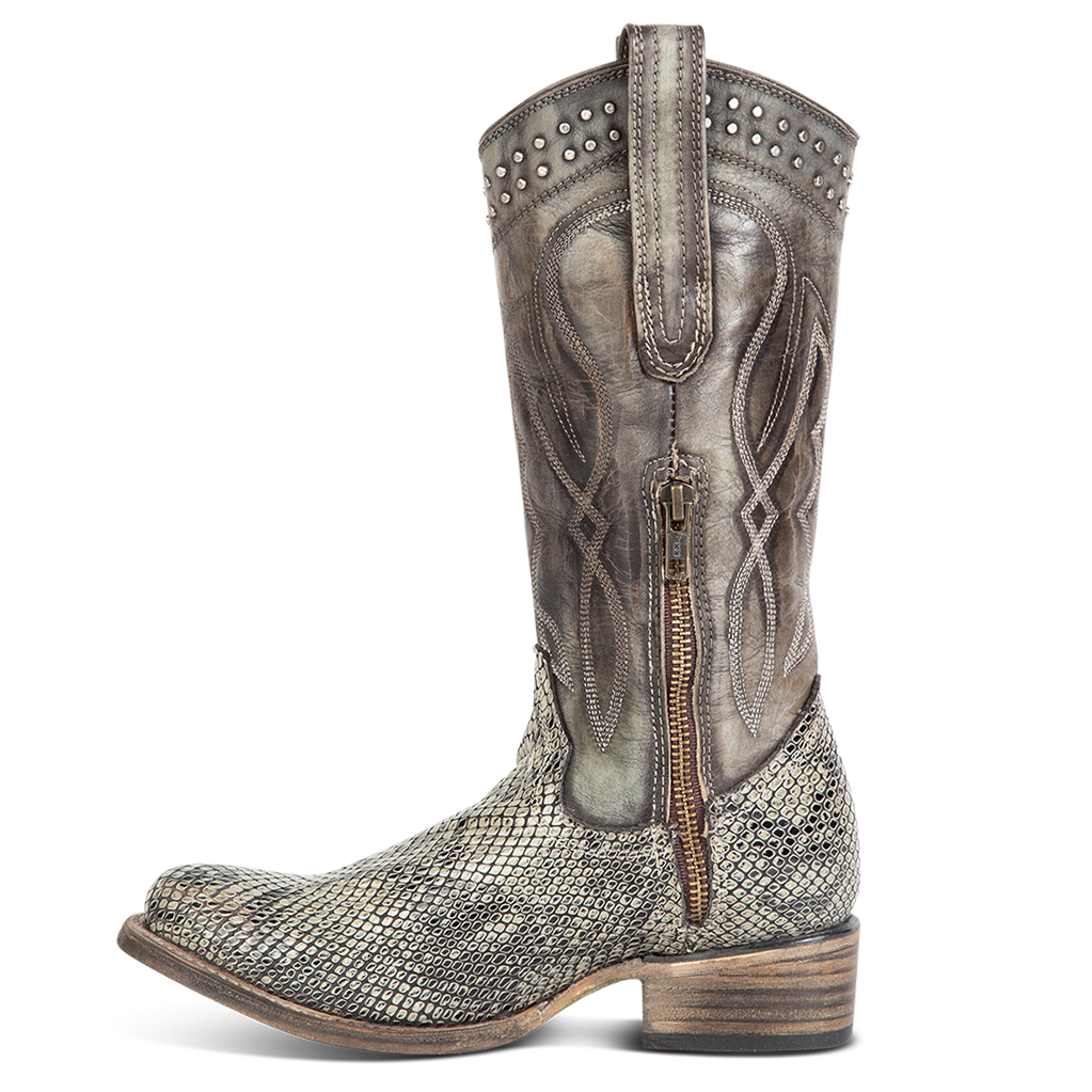 Inside view showing inside zipper and pill straps with stud and stitch detailing on FREEBIRD women's Zion green multi western mid boot