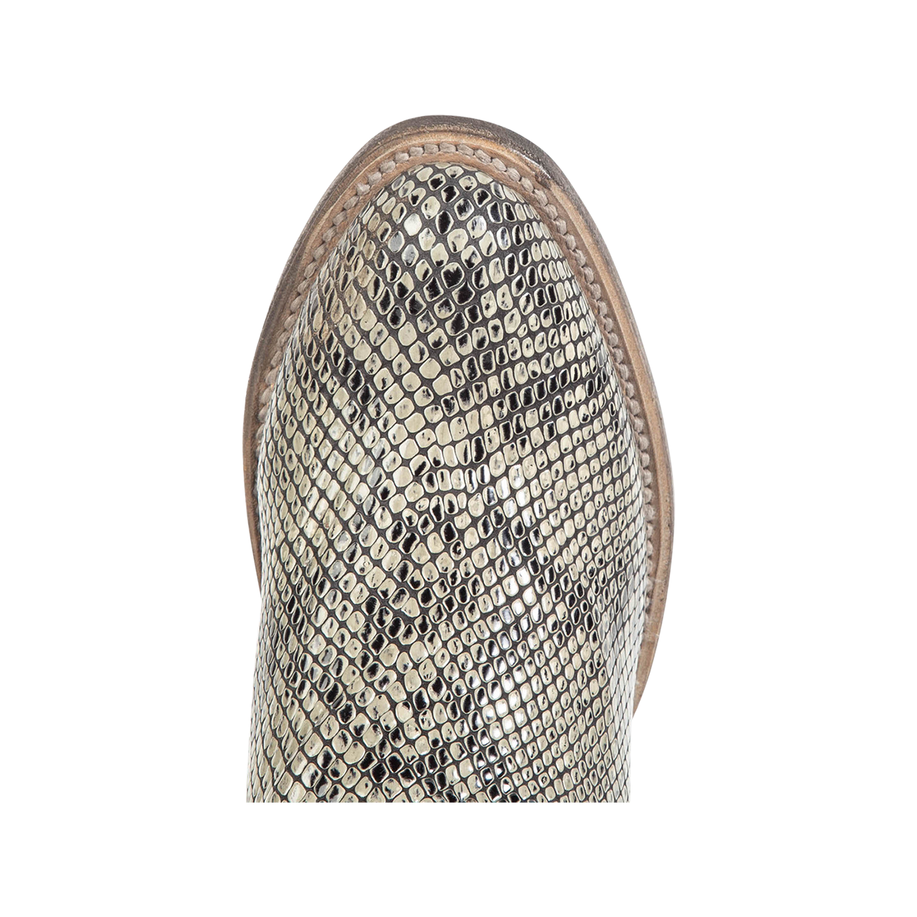 Top view showing almond toe construction with stitch detailing on FREEBIRD women's Zion green multi western mid calf boot