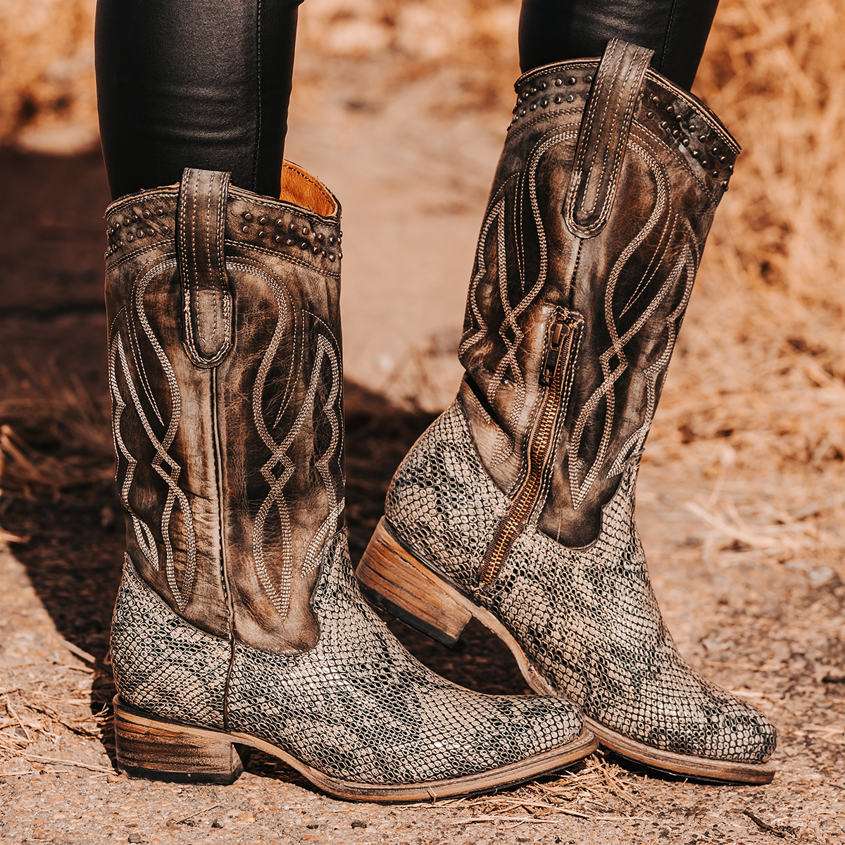 FREEBIRD women's Zion green multi slim fit mid calf boot with stud detailing, almond-shaped toe, low heel, and pull on straps