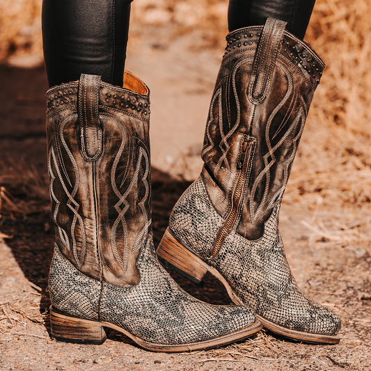 FREEBIRD women's Zion green multi slim fit mid calf boot with stud detailing, almond-shaped toe, low heel, and pull on straps