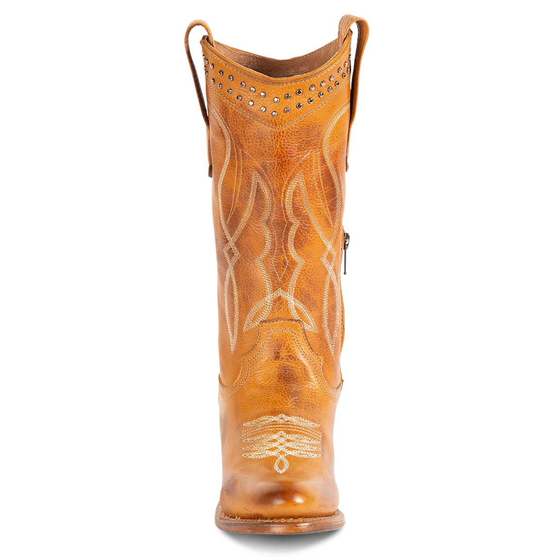 Front view showing slim-fit calf shaft construction with stud and stitch detailing on FREEBIRD women's Zion wheat western mid boot