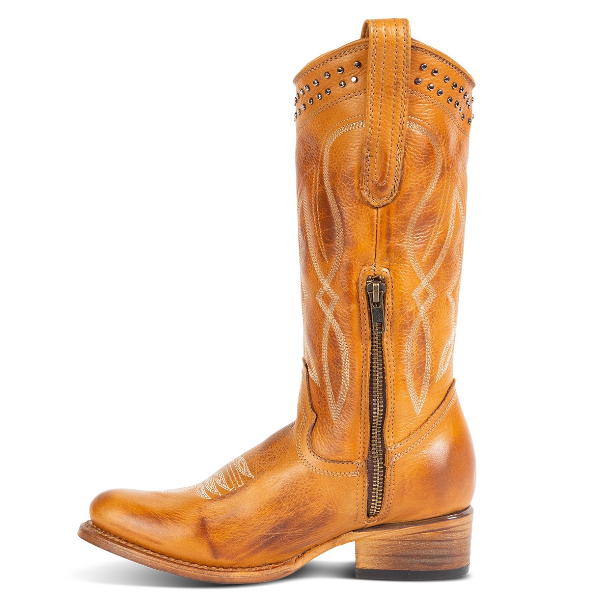 Inside view showing inside zipper and pill straps with stud and stitch detailing on FREEBIRD women's Zion wheat western mid boot