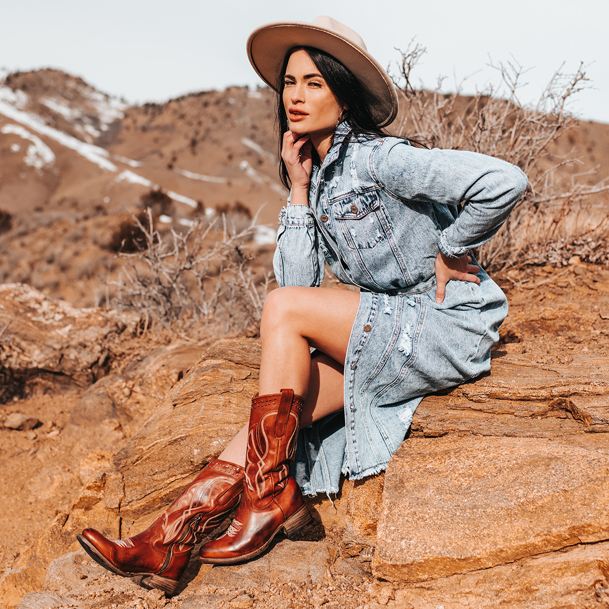 FREEBIRD women's Zion whiskey slim fit mid calf boot with stud detailing, almond-shaped toe, low heel, and pull on straps lifestyle
