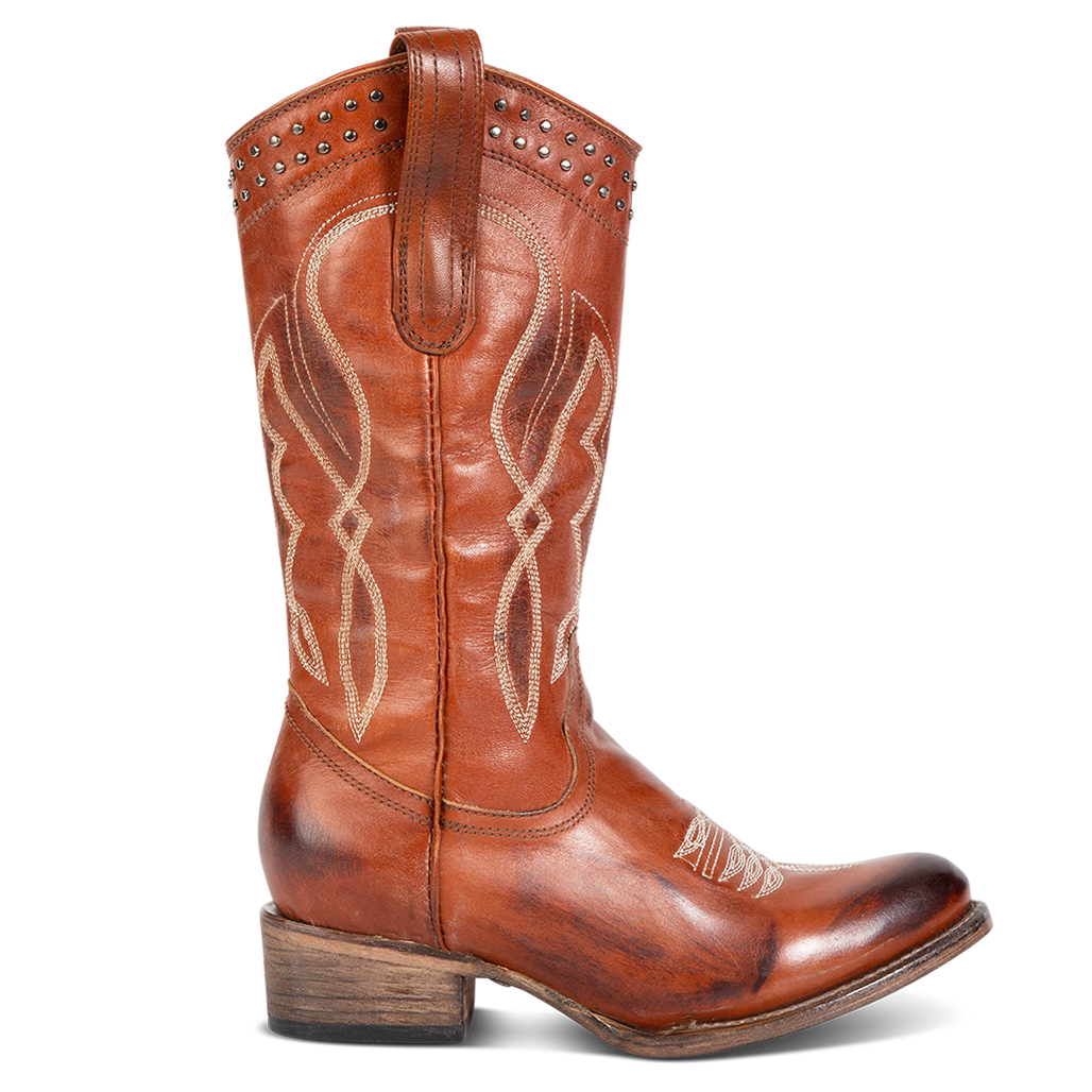 FREEBIRD women's Zion whiskey slim fit mid calf boot with stud detailing, almond-shaped toe, low heel, and pull on straps