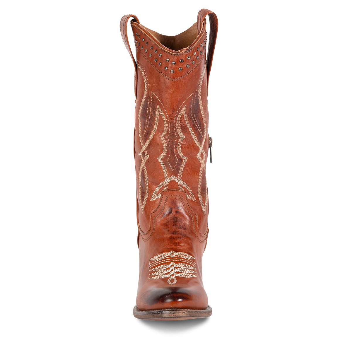 Front view showing slim-fit calf shaft construction with stud and stitch detailing on FREEBIRD women's Zion whiskey western mid boot
