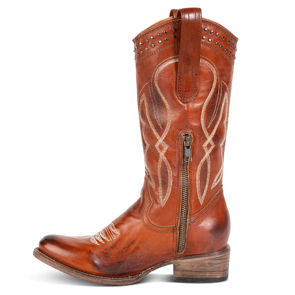 Inside view showing inside zipper and pill straps with stud and stitch detailing on FREEBIRD women's Zion whiskey western mid boot