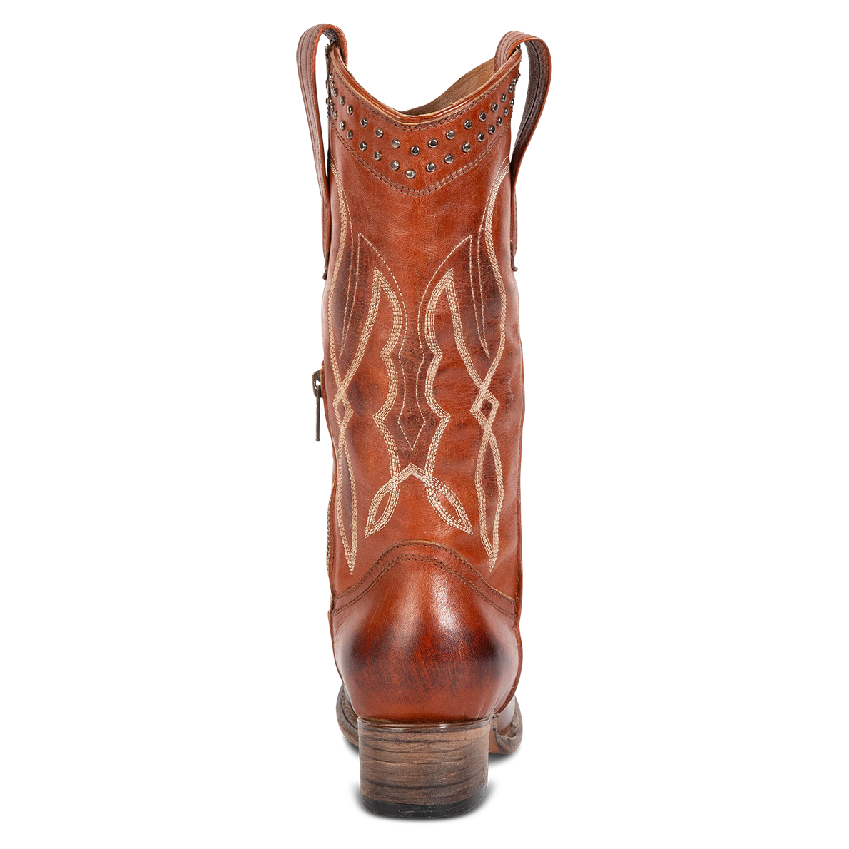 Back view showing slim-fit calf shaft construction and low-heel with stud and stitch detailing on FREEBIRD women's Zion whiskey western mid boot